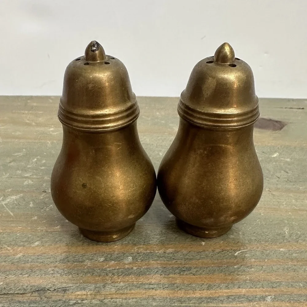Vintage MCM Solid Brass Salt And Pepper Shakers Lined Screw on Lid Patina Clean